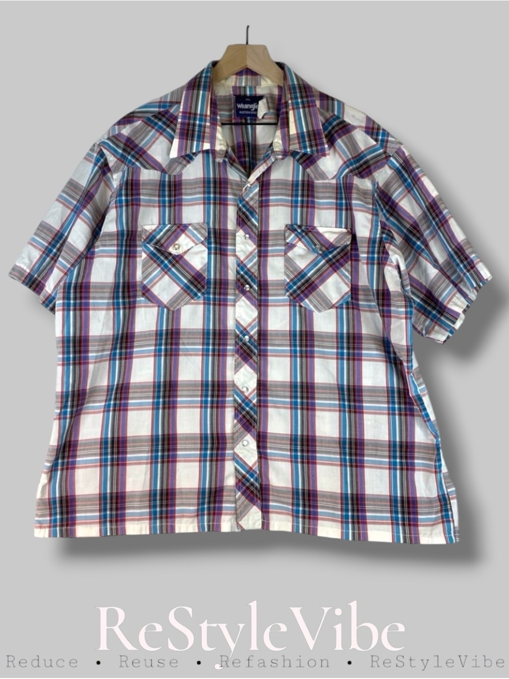 WRANGLER VINTAGE Men’s Size XXL Shirt Plaid Western Pearl Snap Short Sleeve